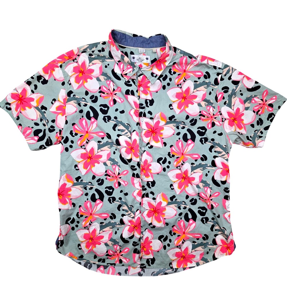 Floral Leopard Print Button Mens 3XL Down Shirt Pink Gray Cotton Free Planet
